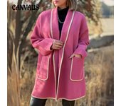 Chaqueta de tweed de moda de talla grande para mujer de otoño e invierno, chaqueta informal gruesa y holgada de color sólido S color rosa
