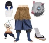 Disfraz de Cosplay de Anime Demon Slayer Kimetsu No Yaiba Hashibira Inosuke, máscara de silicona de cerdo, calcetines negros, sandalias, peluca L
