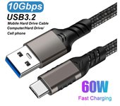 Cable USB 3.2 Gen2 de 10 Gbps, cable USB A a C de 3 A y 60 W, carga rápida QC3.0 para disco duro Samsung NVMe, datos externos Android, cable de 1 m y 2 m. 2m negro