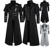 Vintage Halloween Medieval Steampunk Assassin Elves disfraz de pirata hombres adultos negro chaqueta larga dividida armadura gótica abrigos de cuero XS negro