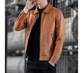 Chaqueta de cuero delgada con cuello levantado para hombre, abrigo informal de cuero a prueba de viento para motociclista, chaqueta de cuero Pu para motocicleta XS