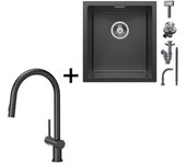 Fregadero de cocina - Acero inoxidable - 40x44cm - Negro antracita - Grifo mezclador extraíble - 1 seno