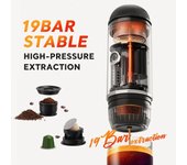 Cafetera expreso eléctrica portátil con cargador y calefacción, apta para cápsulas de café molido para acampar L negro