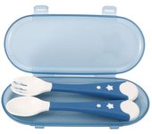 Juego de 2 tenedores y cucharas portátiles para alimentación infantil, vajilla antideslizante para bebé.(azul ) azul