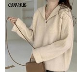 Otoño e Invierno suéter de mujer suéter de punto con cuello POLO pulóver fino suelto viento perezoso Tops de manga larga One Size color rosa