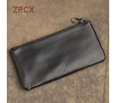 Cartera de Cremallera larga de cuero genuino para hombre, cartera de mano ultrafina para jóvenes de primera capa de piel de vaca, cartera Simple de marca de moda negro