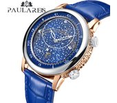 PAULAREIS Reloj mecánico automático de cuero giratorio con estrella tallada en oro rosa para hombre