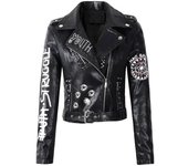 Chaqueta de cuero sintético para mujer 2021 con remaches y cremallera, diseño de motocicleta con impresión 3D XL negro
