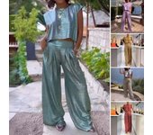 Conjunto de dos piezas para mujer, con cuello redondo, sin mangas, top corto y pantalones anchos, estilo informal y holgado, para estar en casa. M morado claro