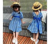 Vestido con cordones y estampado a cuadros para niña, vestido de manga corta a cuadros azul y blanco, vestido de verano transpirable para niños 100