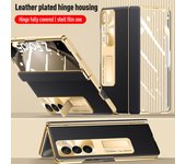Para Samsung Galaxy Z Fold5 funda delgada chapada en cuero bisagra protectora dura con soporte magnético película de vidrio de pantalla frontal for Galaxy Z Fold 5&case only negro