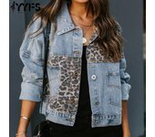 YYFS Moda Mujer Rasgado Denim Estampado De Leopardo Otoño E Invierno Manga Larga Cuello POLO Casual Solapa Top Chaqueta S azul