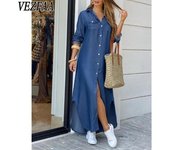 VEZFAA Vestidos casuales de cintura media con cuello tipo polo y manga larga de verano y primavera para mujer S azul
