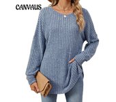 Blusa de mujer de otoño e invierno de manga larga suelta con cuello redondo y rayas en los lados S negro