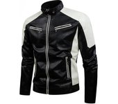 Chaqueta de motociclista de cuero sintético con cuello alto y inserción de cuero de color, chaqueta de cuero informal fina para primavera y otoño para hombres M
