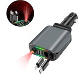 Cargador de coche retráctil 4 en 1 con techo Starlight, adaptador USB-C de 120 W y 2 puertos USB para iPhone y Samsung.