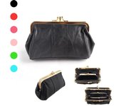 Nueva cartera de moda para mujer, monedero de cuero auténtico, monedero para mujer, bolso de mano para mujer, cartera con apertura de barra de Metal negro