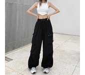 Pantalones deportivos casuales negros y rojos para mujer, de estilo técnico, de cintura baja, lisos, con cordón ajustable, de pierna ancha y holgados, estilo urbano Y2k, de gran tamaño. XXXL negro
