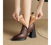 Meotina Botas de tobillo de cuero genuino para mujer, botas de Corto de lana con cordones y tacones altos gruesos y puntiagudos, zapatos de moda para mujer para invierno 34 marrón