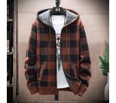 Suéter de cuadros de invierno para hombre, cárdigan con capucha, abrigo de polar, chaquetas de punto cálidas XL marrón