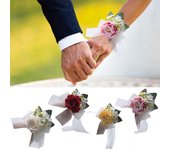 Muñequera con flores para novia, decoración para boda, rosas blancas y rojas, cinta ajustable, accesorio para fiesta de graduación blanco