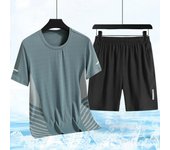 Conjunto de 2 piezas de ropa deportiva para hombre, camiseta con cuello redondo y estampado en la cintura, pantalones cortos elásticos de pierna ancha, conjunto de secado rápido con hielo XL gris