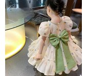 Vestido de princesa floral con mangas abullonadas de verano 2024 para niñas - Diseño de lazo de moda para niñas de talla mediana y grande 120 cm beige