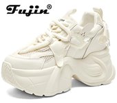 Fujin 9cm Air Mesh cuero genuino vulcanizado cuña zapatillas gruesas Casual transpirable verano señoras moda plataforma zapatos mujeres 33 blanco