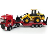 Camión de plataforma plana 1/50 de juguete con excavadora, cargador, Tractor, niveladora, camión semirremolque, remolque de transporte, construcción de Metal fundido a presión, vehículo 2 en 1 1/50-Size:28*5*6.5cm amarillo