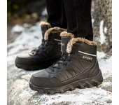 Botas de nieve cálidas de caña alta para exteriores de invierno, zapatos de senderismo para hombres de talla grande, botas térmicas de algodón de cuero y terciopelo 39 negro