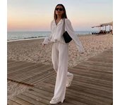 Conjunto de camisa plisada de dos piezas para mujer, traje con pantalones con pernera ancha de cintura alta, informal, elegante, primavera 2022 L blanco