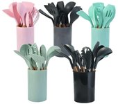 12 piezas de utensilios de cocina de silicona de primera calidad con mangos de madera ergonómicos, utensilios de cocina antiadherentes para cocinar sin esfuerzo, suministros de cocina