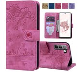 Funda tipo billetera con diseño de gato y flor en relieve para Samsung A12 A13 A22 A32 A52 S21 S22 Funda con tapa de cuero mate para Redmi Note 11S Poco F3 M3 M4 Pro 4G iPhone 13 Pro iPhone 6/6S rojo rosa