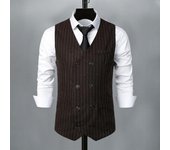 Chaleco de traje para hombre con cuello en V, sin mangas, estampado a rayas, chaleco de traje de doble botonadura con bolsillos de parche, chaleco de negocios para boda S gris