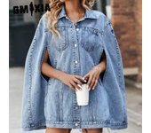 GMXIA Chaquetas y abrigos de mezclilla todo en uno holgados irregulares a la moda para mujer con cuello tipo polo y estampado de color sólido para primavera y otoño XS azul