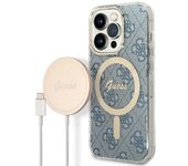 Estuche Guess Gubpp14Lh4Eacsb + Cargador para iPhone 14 Pro 6.1 Azul/Azul Estuche Rígido 4G Impresión Magsafe