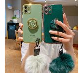 Funda de lujo con anillo de diamante brillante, correa para la muñeca, carcasa de teléfono con revestimiento de bolas de piel para iPhone, Samsung, Xiaomi, Huawei, niñas, funda trasera de TPU a prueba de golpes iPhone SE 2020/SE 2022 verde