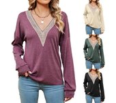Camiseta de manga larga holgada con contraste y cuello en V de encaje liso para mujer Otoño Invierno S negro