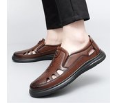 Zapatos de negocios formales de cuero genuino de alta calidad para hombre, sandalias de cuero negro/marrón de verano, zapatos huecos transpirables a la moda para hombre 38