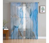 Cortinas de tul con textura de mármol para ventana, color acuarela, azul y gris, para sala de estar, cocina, decoración del hogar, cortinas de gasa transparente 135W x 114H(cm)