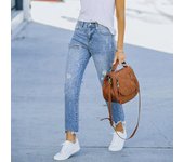 Pantalones De Mujer Pantalones Elásticos De Cintura Alta De Pierna Recta Jeans Boyfriend Rotos Con Tobillo Deshilachado Pantalones Vaqueros XXL azul cielo