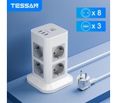 Tessan Torre de 8 tomas de corriente, regleta múltiple, cable de extensión Vertical de 2m, enchufe europeo con 3 interruptores protectores contra sobretensiones USB 3 Outlet & 3 USB Ports gris