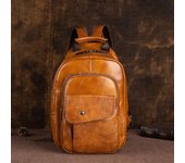 Mochilas de cuero genuino para hombres, bolsos de viaje de diseño vintage, mochilas de pecho de piel de vaca de capa superior 20cm*32cm*10cm marrón
