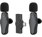 Micrófono de solapa inalámbrico K10 Clipon Mic Plug & Play TypeC para teléfono Pad PC con cancelación de ruido 2 Mic negro