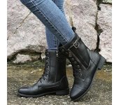 Botines de tacón cuadrado para mujer, botas de trabajo cortas de piel sintética para otoño e invierno, botas elásticas con cordones de talla grande para mujer 36 marrón claro