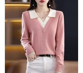Prendas de punto de otoño e invierno para mujer, suéter corto holgado con cuello tipo POLO, Top falso de dos piezas con solapa, prendas de punto de manga larga M color rosa