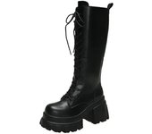 Botas altas hasta la rodilla de 9 cm para mujer, botas largas de piel gruesa, zapatos punk de tacón alto, botines de moto con plataforma para invierno 34 beige