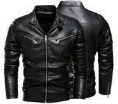 Chaqueta de cuero negra de invierno para hombre, chaqueta cálida con forro de piel para motocicleta, abrigo de motociclista negro a la moda de calle delgada, diseño plisado con cremallera XXXL