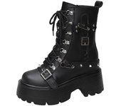 Nuevas botas punk de cuero para mujer, zapatillas gruesas de plataforma alta, botas de media pantorrilla con tacón de cuña de 9 cm para otoño, botas de moto de invierno para mujer 34 beige