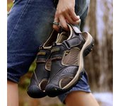 Sandalias de verano para hombre, zapatos casuales de cuero genuino para hombre, sandalias de cuero para hombre para exteriores, zapatos de playa para hombre, zapatos romanos de talla grande 38-48 37 negro